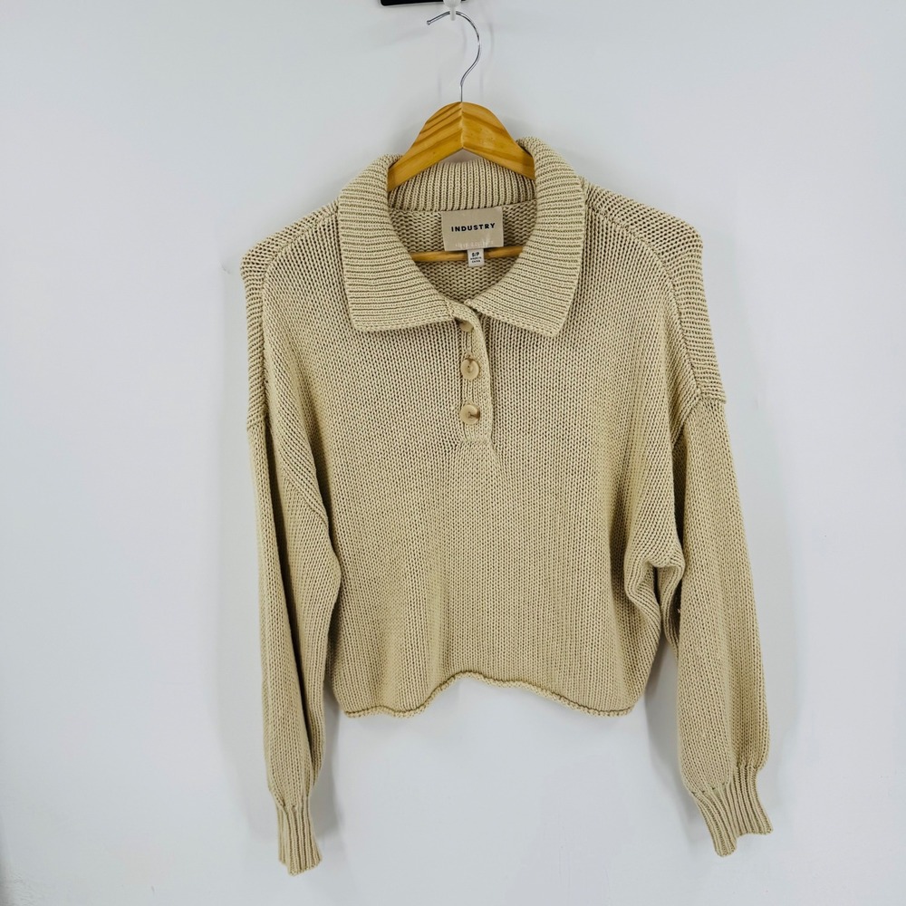 INDUSTRY Cream Knit Collared Button Neck Cropped‎ Sweater Size S Neutral Cozy